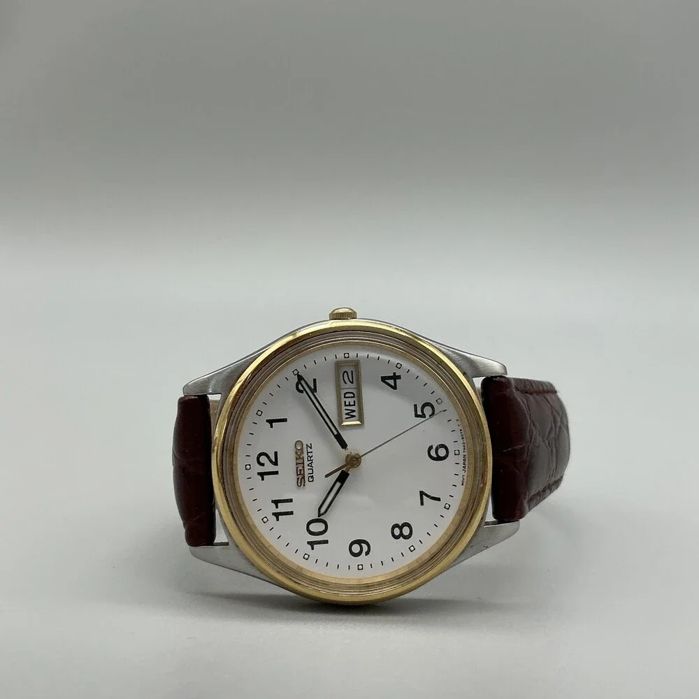 Vintage Seiko 7N43-8A39 Mens Watch 34mm Two Tone Leather Day Date New Battery